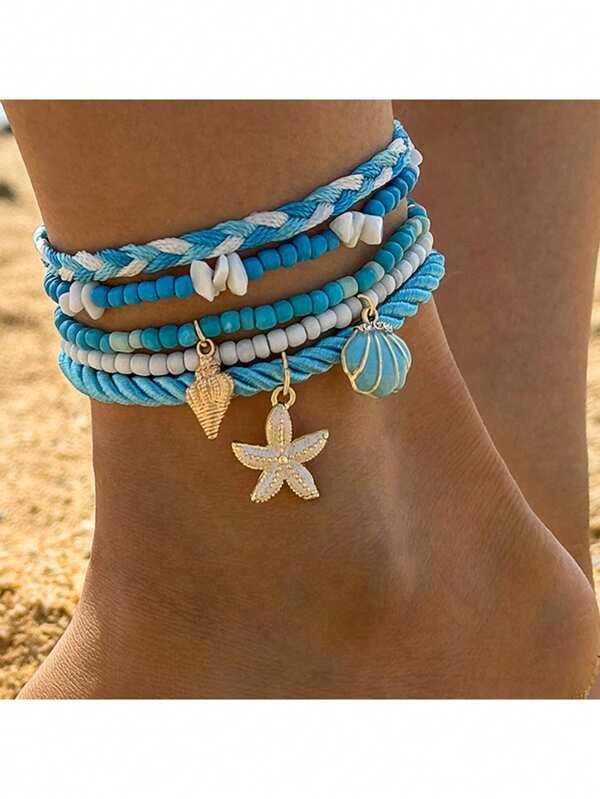 2-6pcs/Set Bohemian Style Starfish & Beaded Braided Anklet For Girls, Ocean Theme, Beach, Seashell,Summer Jewelry,Gold Jewelry Women