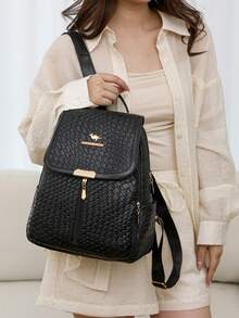 1 Pc Casual Retro Woven Pattern Small Backpack.Fashionable Portable Personalized Shoulder Bags.Large Capacity Elegant Handbag.Business Commuter Bag.Exquisite Satchels.Daily Joker Backpack Purse.Shopping Bag.School Bag. - Black - View 8