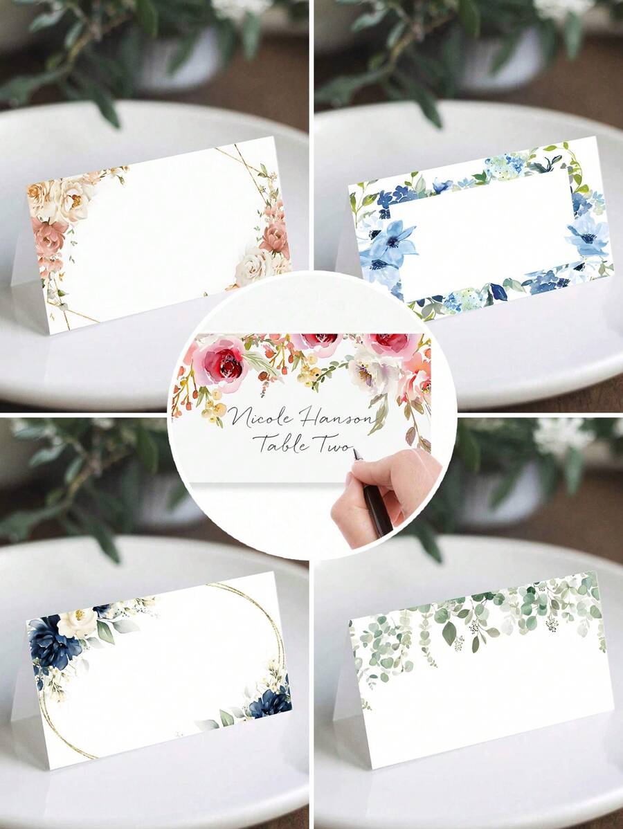24pcs Floral Pink & Green Themed Foldable Wedding Place Cards, Suitable For Wedding Reception, Party, Birthday, Can Be Written On