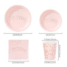 96 件粉色底座玫瑰金圆点派对用品套装，7/9 英寸粉色和玫瑰金圆点盘子，玫瑰金一次性纸盘和餐巾，适合生日派对 - 彩色 - 查看 2