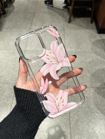 1pc Ins Style Transparent Cream Color Protective Phone Case With Lanyard/Wriststrap Compatible With Apple