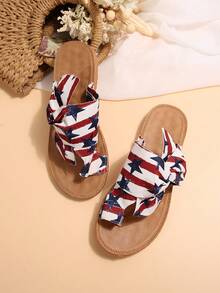 Women's Star Spangled Flat Flip Flops With Bow Decor, Suede Strap Toe, Fisherman Style, USA Independence Day, Summer Beach Slippers