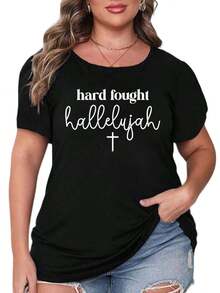 Oversized Style For Women, Hard Fought Hallelujah Shirt, Christian Faith Tee, Inspirational Religious T-Shirt, Uplifting Spiritual Tee, Bible Verse Shirt, Faith-Based, Oversize Type Shirt For Women, Perfect For Holiday Parties Or Gift Giving, Soft And Comfortable - 黑色 - 查看 2