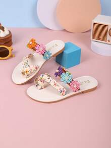 2024 Summer Girls Fashion Slippers, Elegant Floral, Flip Flops, Suitable For Children Travel & Vacation - Beige - View 6