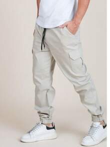 Men's Urban Streetwear Cargo Jogger Pants With Side Pocket And Cuff On Leg S TO XL - Màu be - Xem 1