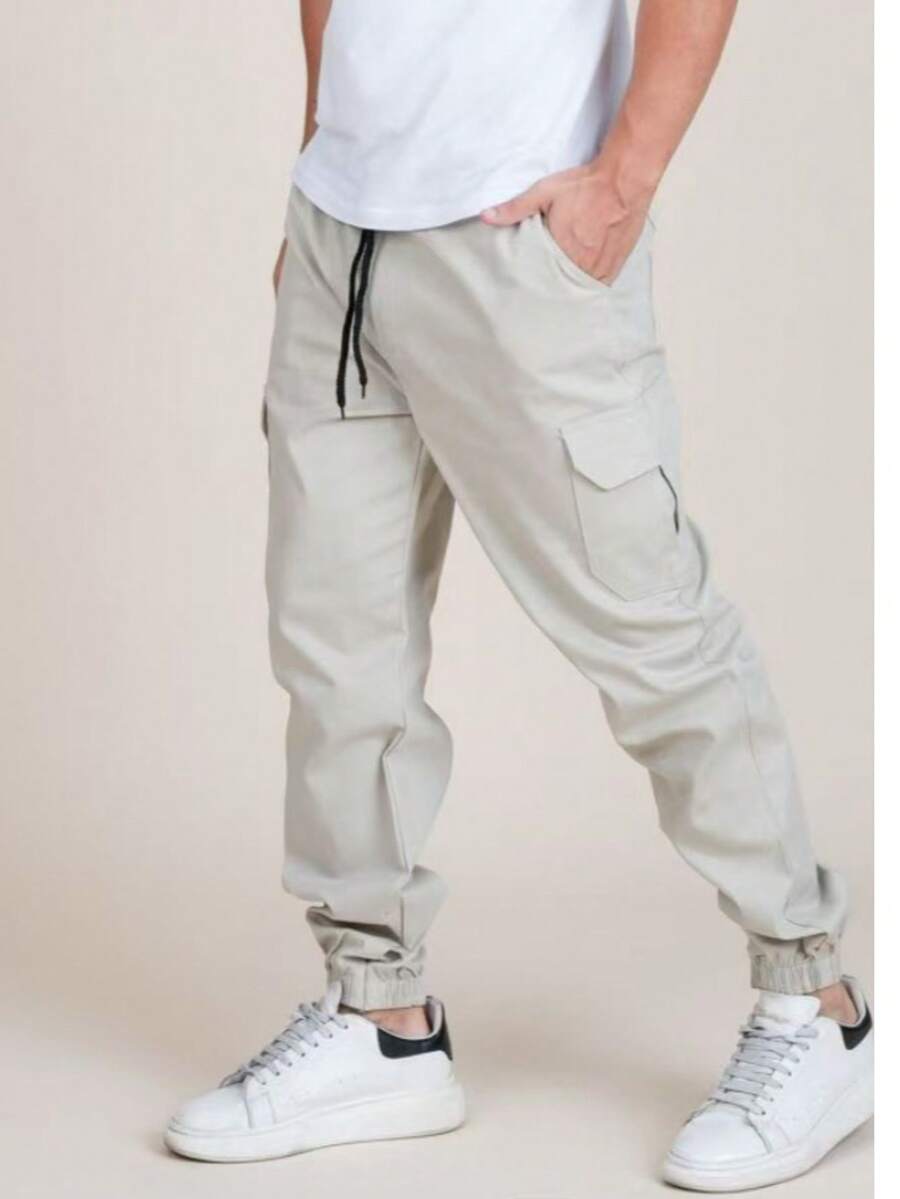 Men's Urban Streetwear Cargo Jogger Pants With Side Pocket And Cuff On Leg S TO XL - Màu be - Xem 1