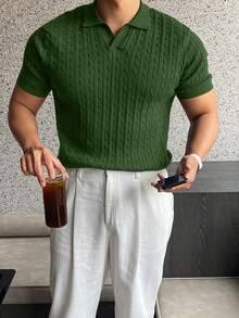 Men's Simple Twisted Texture Short Sleeve Henley Sweater, Summer - Army Green - View 1