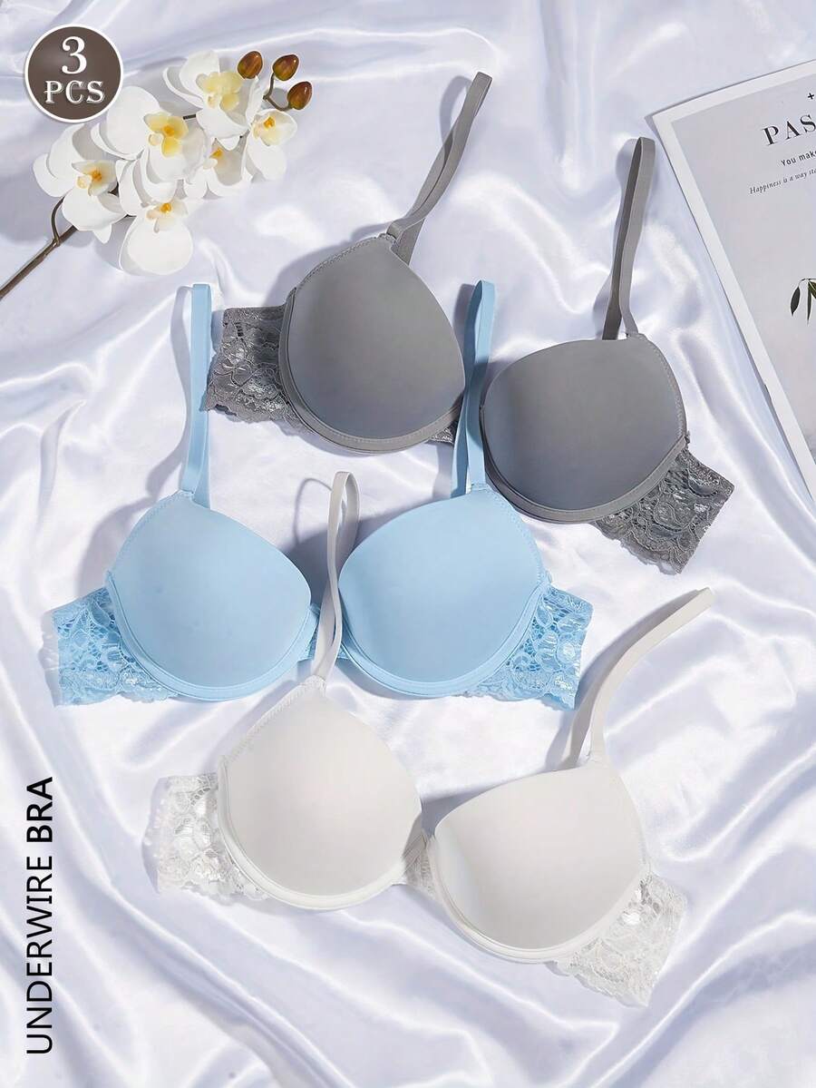 Sutien push-up din dantelă 3 buc, sutiene lenjerie intimă cu armătură, confortabile și respirabile