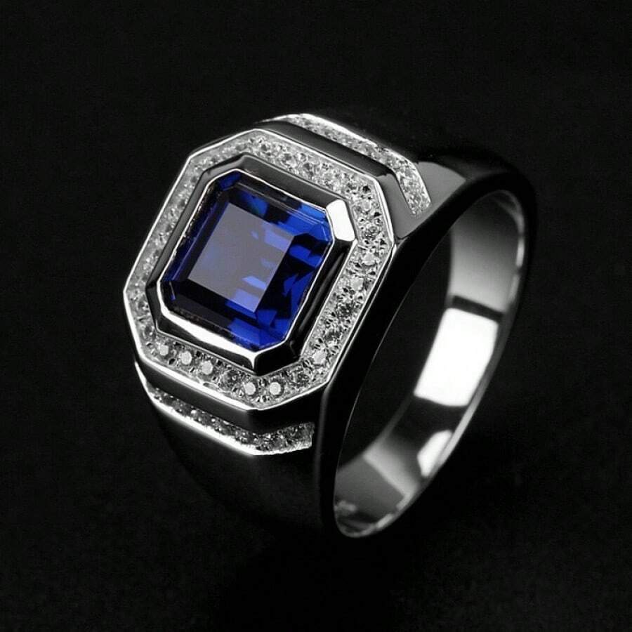 A Men's Classic Sapphire Ring With Luxurious Temperament, Square Diamond Sapphire Ring