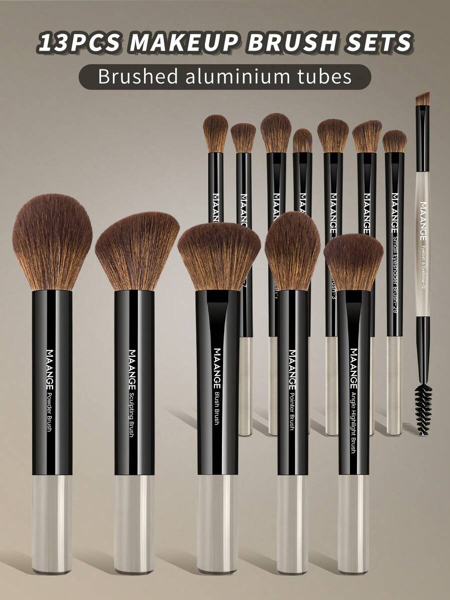 MAANGE 13pcs Professional Soft Aluminum Tube Makeup Brush Set,Soft Foundation Brush, Eyeshadow Brush, Eyebrow Brush, Blending Brush,Highlight Brush,Concealer Brush,Makeup Brush For Powder Liquid Cream,For Daily Use And Travel,Makeup Accessories Gifts For Friends - 黑色 - 查看 1