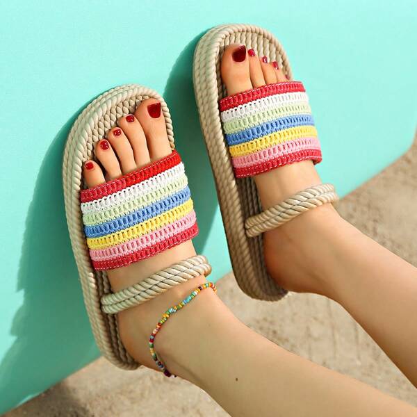 Woven Linen Rope Summer Women Slippers, Beach Holiday Must-Have Sandals, Comfortable And Eye-Catching, Soft Underfoot