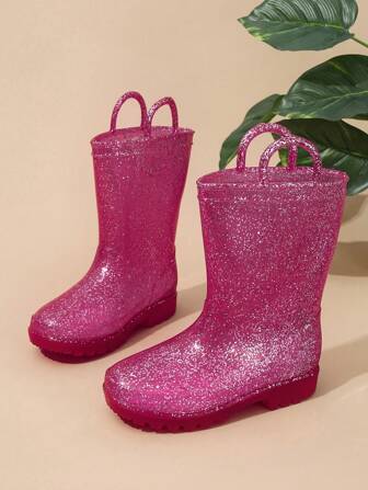 1 paire de bottes de pluie mi-mollet pour enfants, résistantes à l'usure, antidérapantes, légères avec des paillettes brillantes, imperméables
