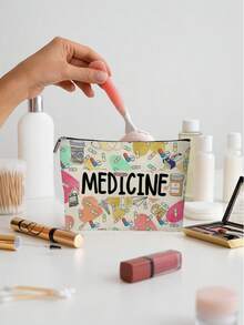 1Pc Makeup Bag Chic Paris Theme Fun Travel Gift Cute Inspirational Quote Decoration Medical Assistant Pill Pattern Makeup Storage Bag Large Capacity Lightweight Multipurpose And Durable Foldable With Zipper Closure Multifunctional Coin Purse For Daily Use And Travel Small And Exquisite Gift - Multicolor - View 3