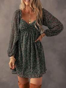 Acelitt 夏季碎花褶皱前片拼布灯笼袖连衣裙