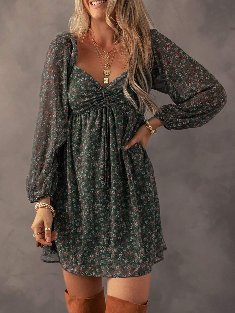 Acelitt 夏季碎花褶皱前片拼布灯笼袖连衣裙