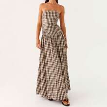 Vestido largo casual de verano para mujer, sexy, con cuello de barco, espalda descubierta, sin mangas, sin tirantes, fluido y plisado
