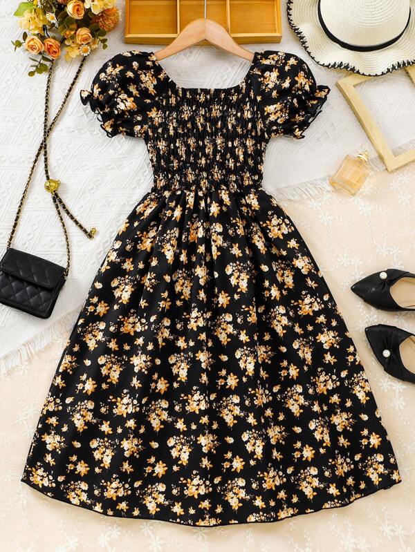 Girls Ditsy Floral Elegant Casual Dress, Suitable For Daily Wear, Back To School, School Clothes