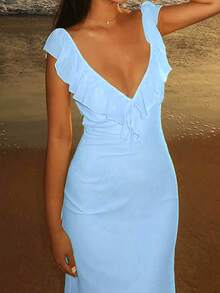 Sexy Ruffled Tied Bodycon Dress - Blue - View 6