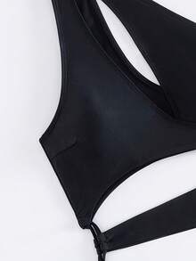 Irregular Hollow Out Single Shoulder One-Piece Sexy Tight Fitting Hot Girl Swimsuit For Vacation - 黑色 - 查看 5