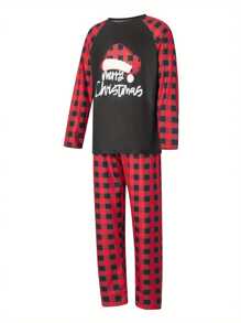 Baby Christmas Parent-Child Outfit, Romper/Letter Print Raglan Long Sleeve Tops And Plaid Pants Sleepwear