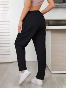 Pantalón de pierna recta para mujer, diseño sexy, elegante y casual, tela de poliéster y spandex, apto para temporadas de primavera y verano, ajuste de cintura natural con resorte y cordón, bolsillos funcionales. Suave, fresco y ligero. - Negro - Ver 4