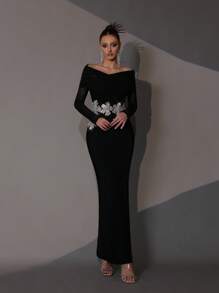 Modphy New Handmade Beaded & Rhinestone Embellished 3D Flower Sexy Off Shoulder Long Sleeve Bodycon Dress, Elegant For Wedding Guest, Holiday Party, Formal Evening Gown
