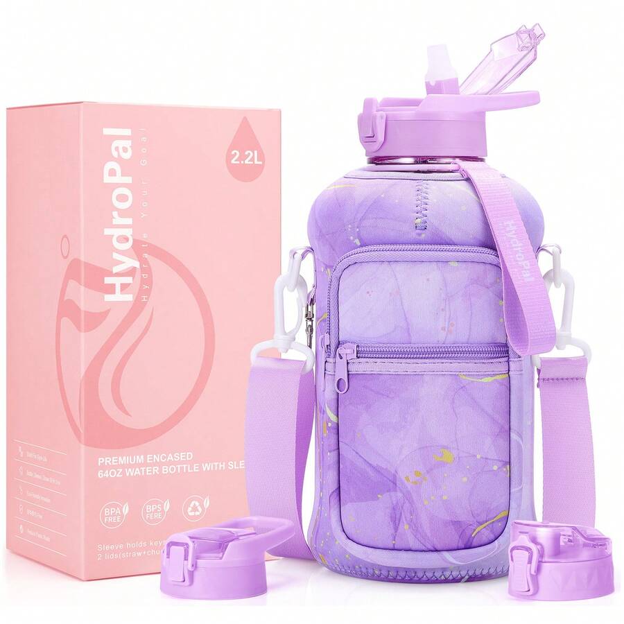 UKEIN Half Gallon Water Bottle With Storage Sleeve, 74oz Large Water Bottle With 2 Lids(Straw Lid And Chug Lid), Big Sports Water Jug For Gym With Strap, Drink Container With Handle - 紫色 - 查看 1