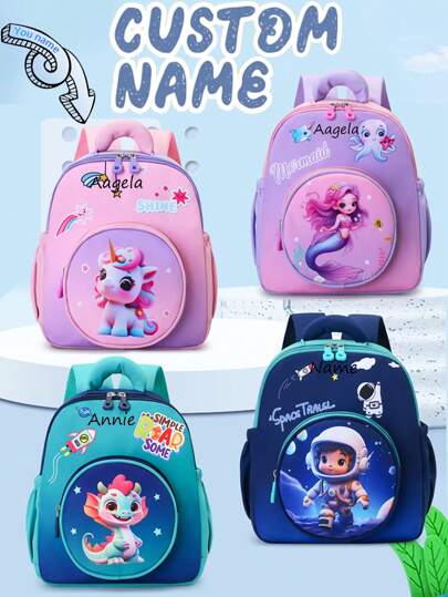 1 Pieza Mochila personalizada con patrones de dibujos animados de dinosaurio, astronauta o sirena, para niños y niñas, ligera y linda mochila pequeña de doble hombro, con texto personalizado de nombre u ocasión especial, cierre con cremallera pequeña de nylon, bolso con estilo de moda, adecuado para niños y niñas, bolso multiusos para uso diario, regalo perfecto entre amigos, multifuncional, decorativo, con letras, elegante, moderno, colorido, lindo, adorable, casual, personalizado, único, idea de regalo ideal para él o para ella