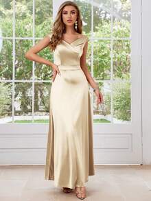 MUXXN 1950s Vintage Satin V-Neck Cocktail Dress - Champagne - View 3