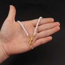 1pc Simple Classic Pave Zirconia Initial Pendant Toggle Clasps Faux Pearl Beaded Necklace For Women - White - View 3