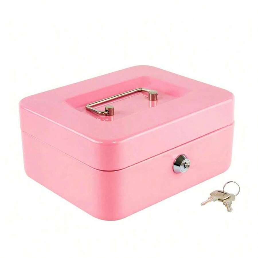 Pink Metal Security Box For Money With Tray And Keys