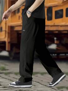 2pcs Men Casual Black & Gray Pants, Slim Fit Design, Urban Streetwear Style Trousers Set