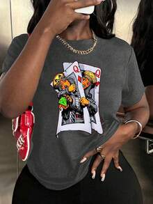 Women's Tops T-Shirts, Cartoon Character Poker Card Pattern Tops, Summer Tops, Spring Clothes, Fun Poker Card Pattern Tops - Grey - View 2