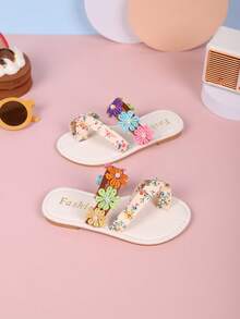 2024 Summer Girls Fashion Slippers, Elegant Floral, Flip Flops, Suitable For Children Travel & Vacation - Beige - View 3
