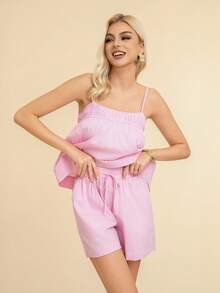 Conjunto De Dos Piezas Holgado Y Casual De Color Sólido Para Mujer - Rosa Fucsia - Ver 6