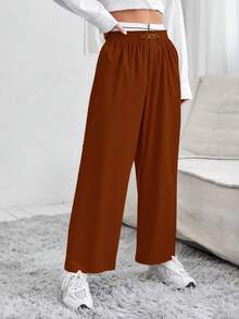 Pantalón holgado para dama, tela tipo plisado, cintura elástica, hermosa hebilla metálica con piedras, imitación diamanté en pretina, ligero, fresco, suave, fiesta, casual, oficina, primavera-verano. - Café integral - Ver 5