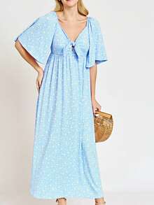 Boho Retro Floral Dot Rayon Mix Casual  Maxi Dress With Angel Sleeve Front Tie Versatile Summer Maxi Long Dress For Women - 藍色 - 查看 4