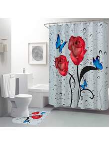 1pc/4pcs Romantic Rose & Butterfly Printed Bathroom Curtain Set, Adds Dreamy Atmosphere To Bathroom. Includes Shower Curtain With 12 Hooks, Bath Rug, U-Shaped Toilet Mat, Toilet Lid Cover, Bathroom Divider, Bathroom Accessories, Bathroom Decor