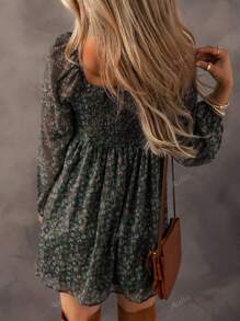 Acelitt Summer Ditsy Floral Shirred Front Patchwork Lantern Sleeve Dress