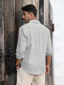 Runcati Mens Button Down Shirt Linen Cotton Shirts Casual Long Sleeve Spread Collar Lightweight Beach Plain Tops - 灰色 - 查看 4