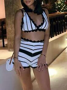 Women Summer Shorts Outfits Stripe Tie-Up Backless Sleeveless Crop Tank Tops Shorts 2 Pieces Clothes Set - White - View 1