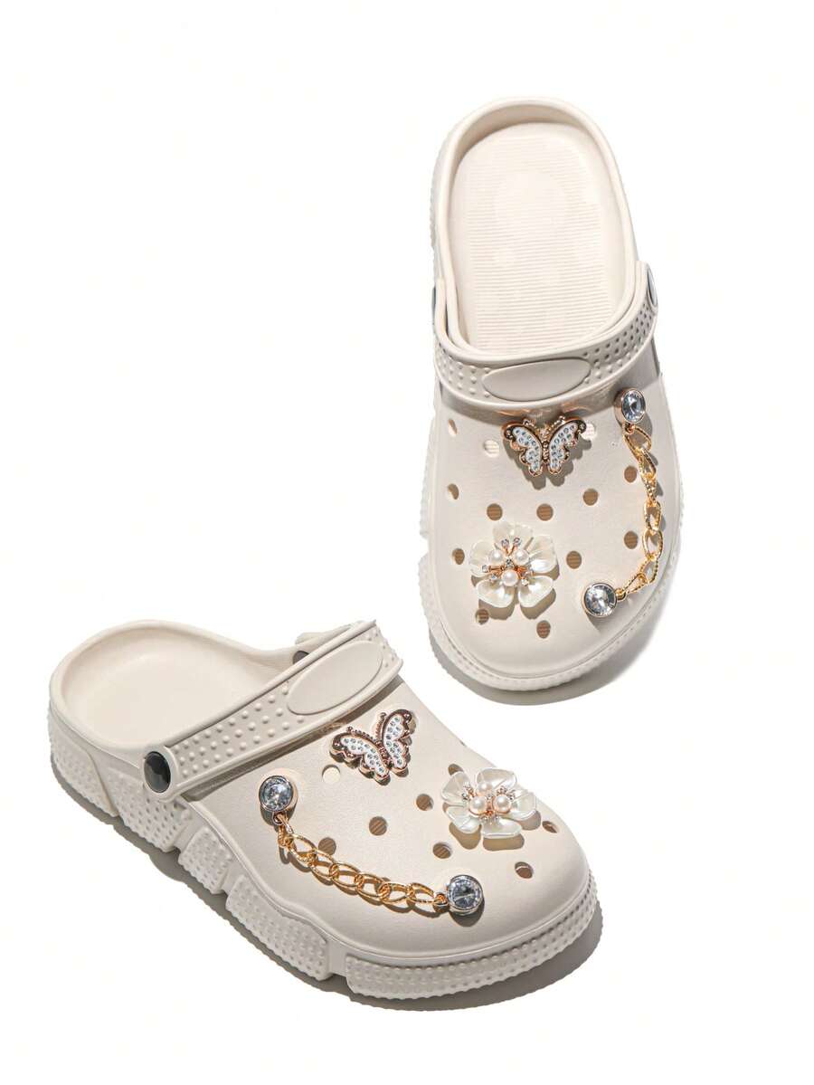 CIVHOM 女士时尚休闲木屐，轻便透气防滑软底花园鞋，夏季拖鞋沙滩鞋，带个性化闪亮饰物 - 米色 - 查看 1