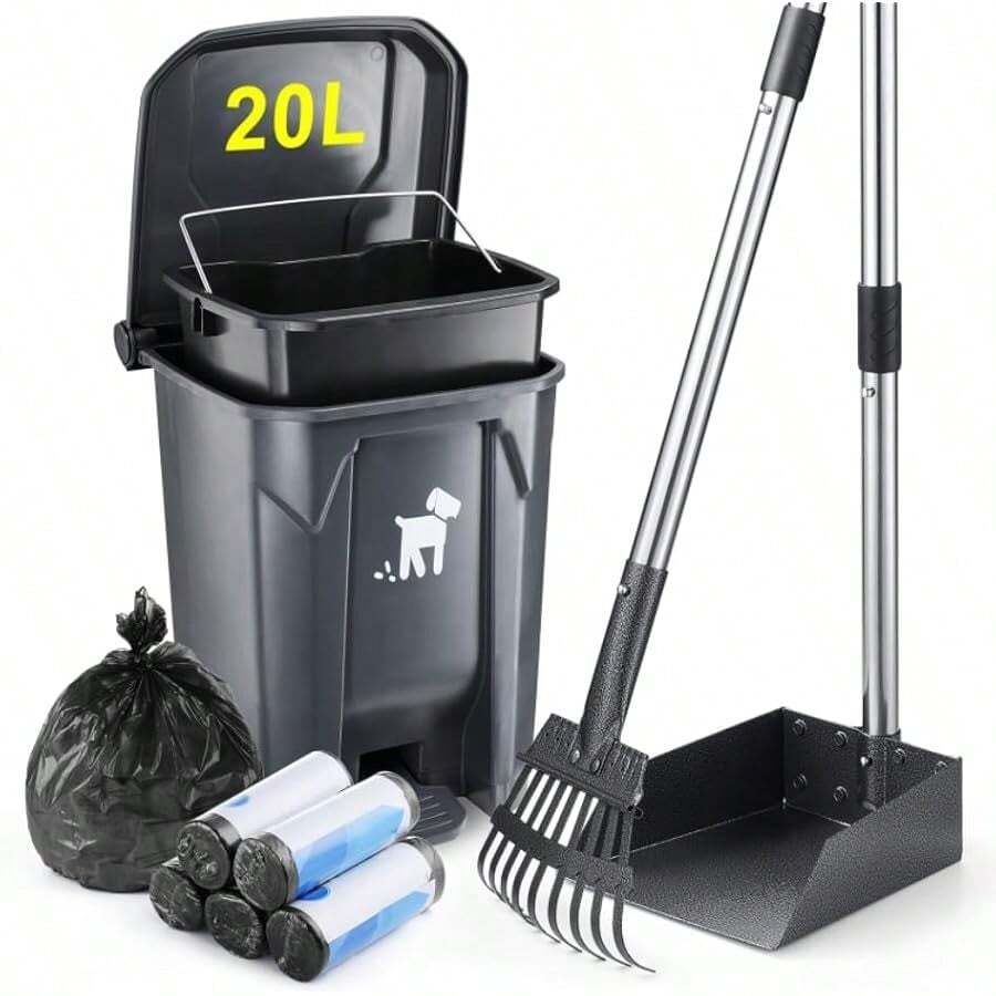 Biubiucat Dog Pooper Scooper Dog Poop Trash Can Set With Removable Inner Bucket Long Handle Rake 150 Waste Bags Easy Pick Up Poop Scooper 20L Dog Poop Trash Bin For Small Large Dog Families - As Pic - View 1