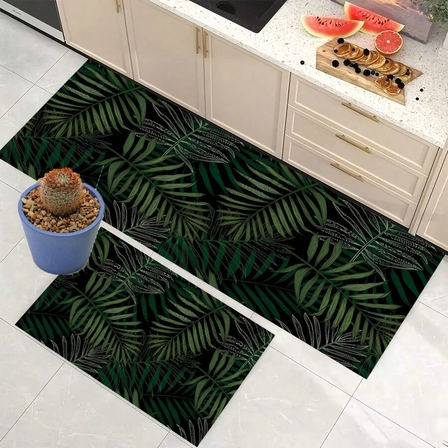 1pc Green Plant Abstract Pattern Non-Slip Diatomite Clay Kitchen Carpet, Rug, Mat, 3D Printed Rectangle, Suitable For Living Room, Bedroom, Corridor, Bathroom, Laundry Room - Polyester Carpet, For Indoor And Outdoor Home Decor - FUCFD183 - View 1