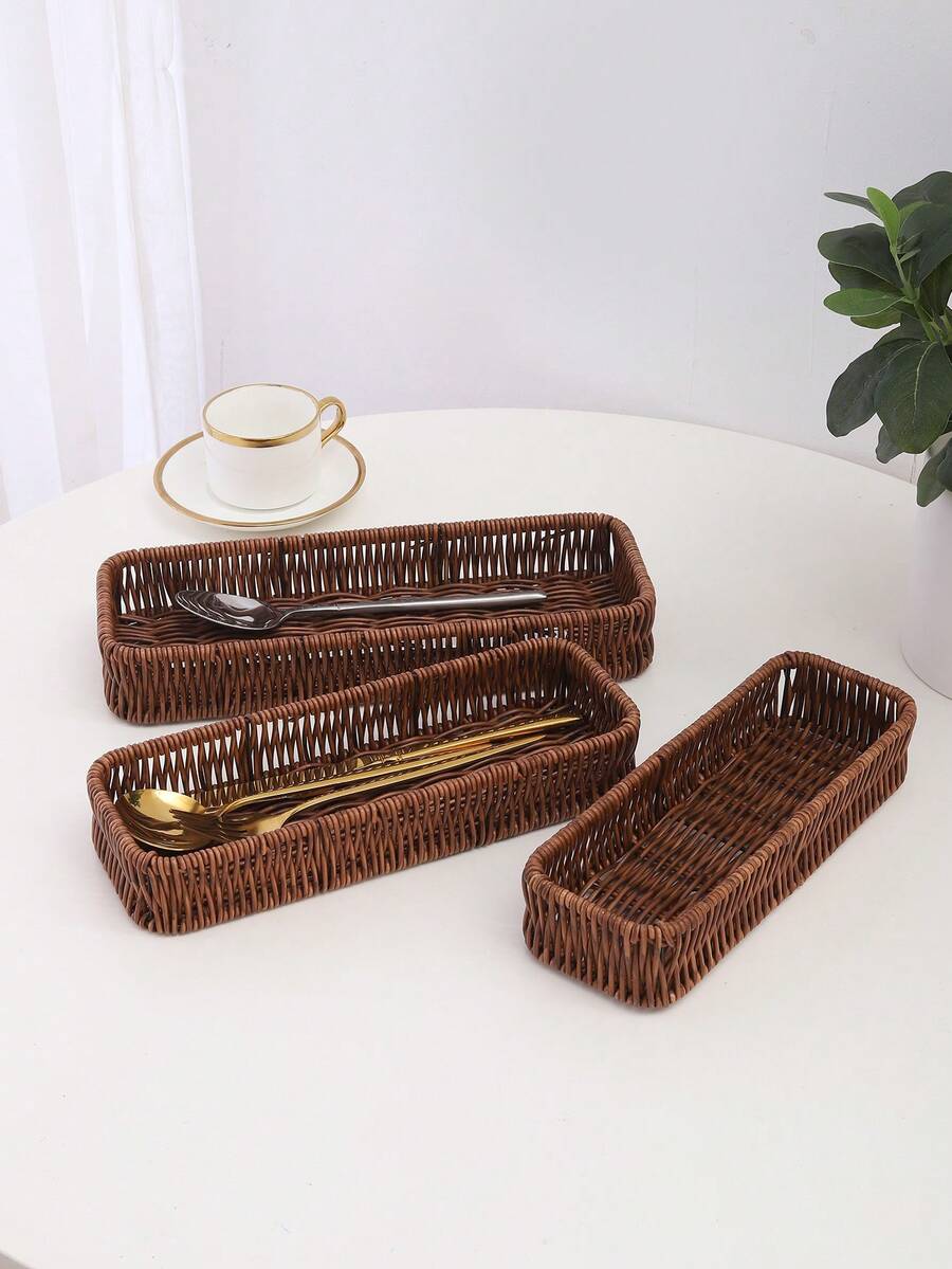 3pcs/1pc Rattan Flatware Caddy Storage Basket - Brown - View 1