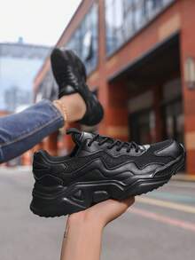 Women's Casual Sports Shoes, New Summer Lace-Up Low-Top Comfortable Platform Cushioned Non-Slip Breathable Knitted Mesh & Leather Patchwork Sneakers, Versatile Retro Outdoor Casual Walking Jogging Travel Shoes For Young Women - Black - View 2