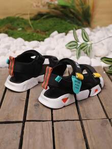 1 Pair Black Hook And Loop Sport Sandals With Text Design For Boys - Black - View 3