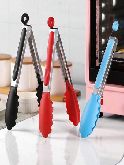 1 pieza Pinzas de acero inoxidable resistentes al calor de 7 pulgadas/20,4 cm, pinzas para pan, pinzas para barbacoa, pinzas de cocina antideslizantes, utensilios de cocina, color aleatorio, Navidad