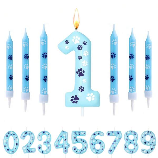 7 Pcs Number 2 Blue Dog Paw Birthday Candles Numeral Cake Topper Dog Paw Print Themed Candles For Boy Girl Blue Birthday Decoration Party Supplies