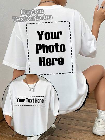 Anpassad dam-T-shirt - Lägg till din text och foton (landskap/märkesdesign/parfoto/familjefoto/selfie/husdjursfoto), tryckt på fram- och baksidan, designa din egen personliga tryckta T-shirt